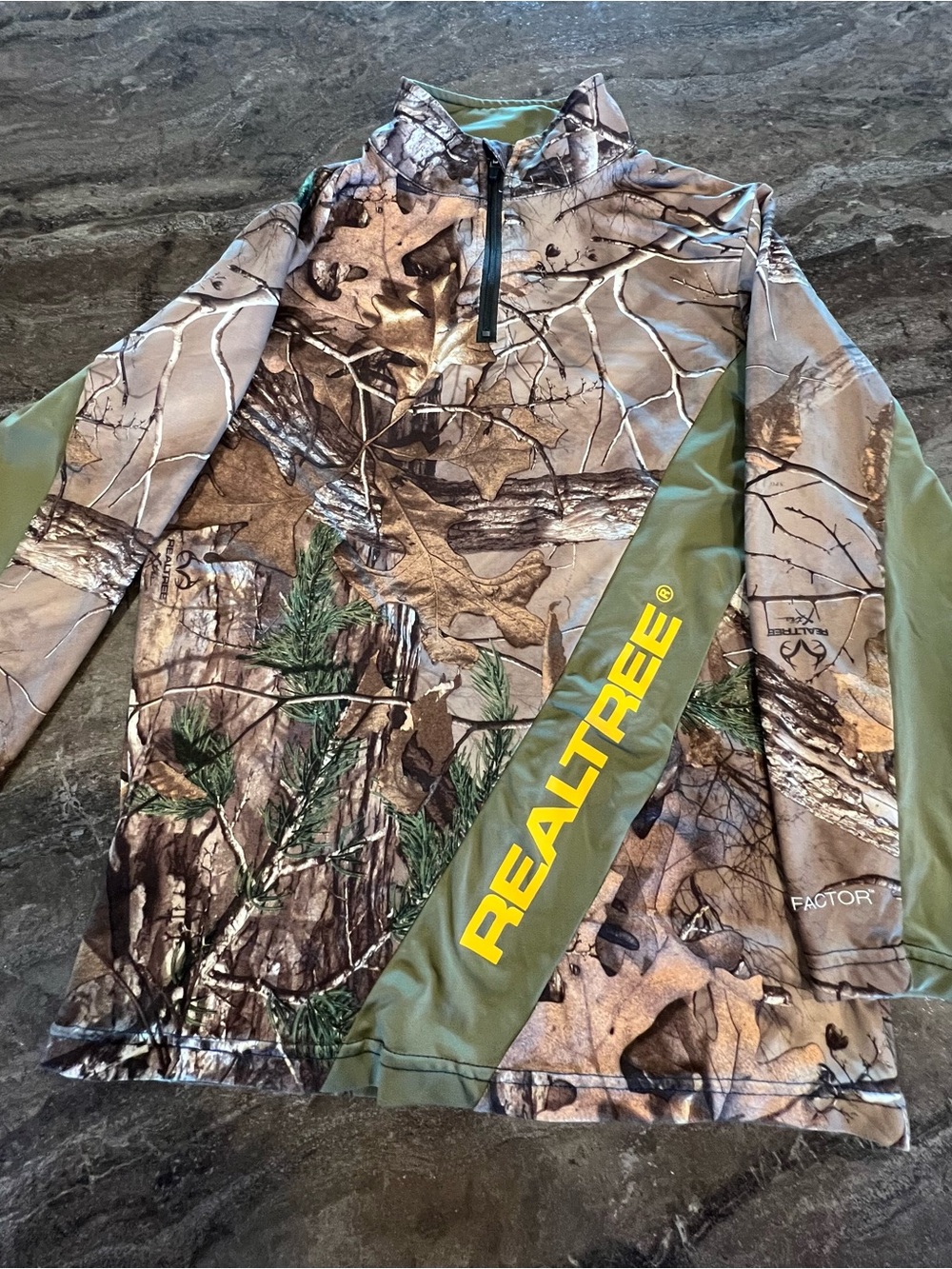 Realtree Camo Half-Zip Pullover with Olive Panels and Yellow Logo